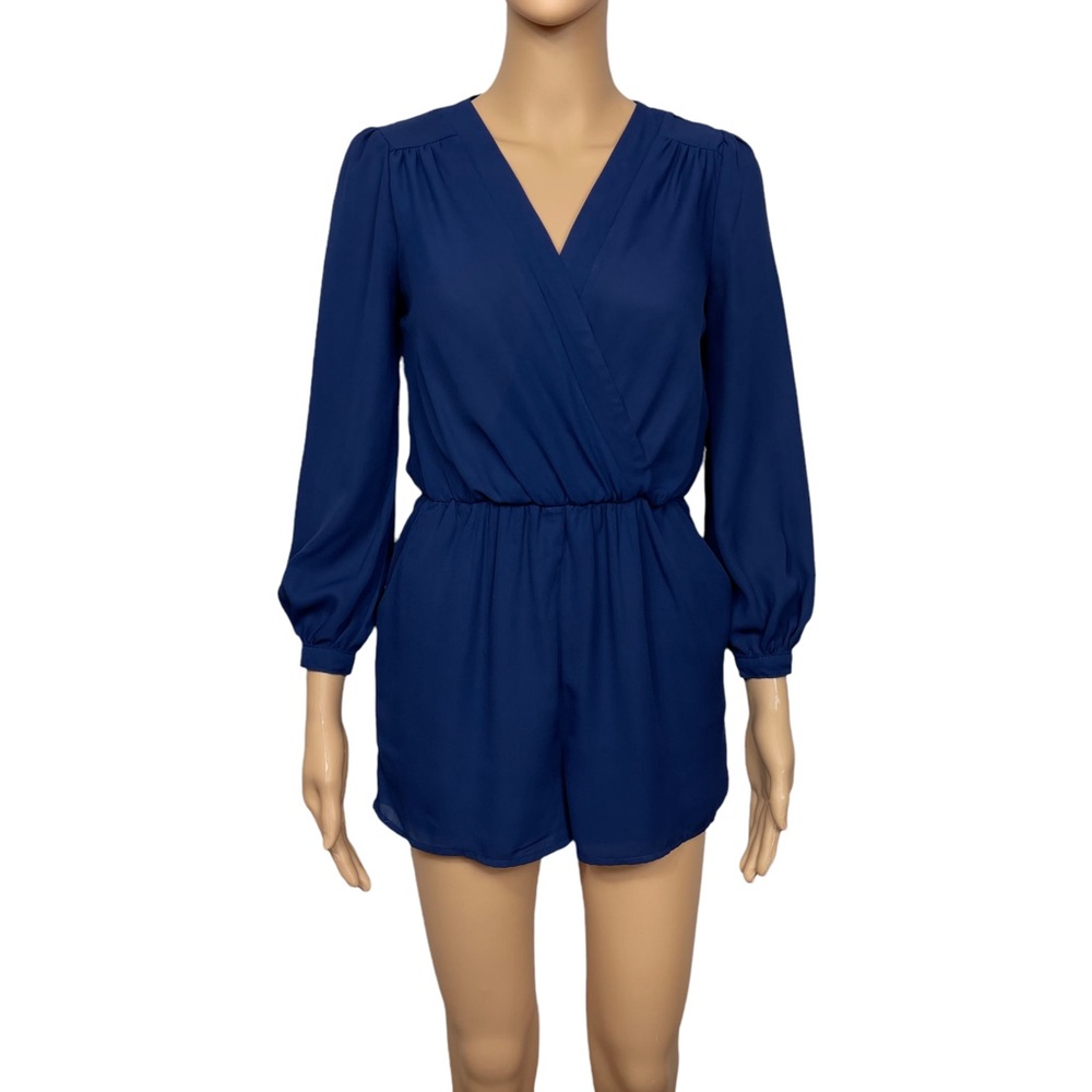Gianni Bini Chiffon Navy Long Sleeve V-Neck Flowy Lined Shorts with Pockets XS